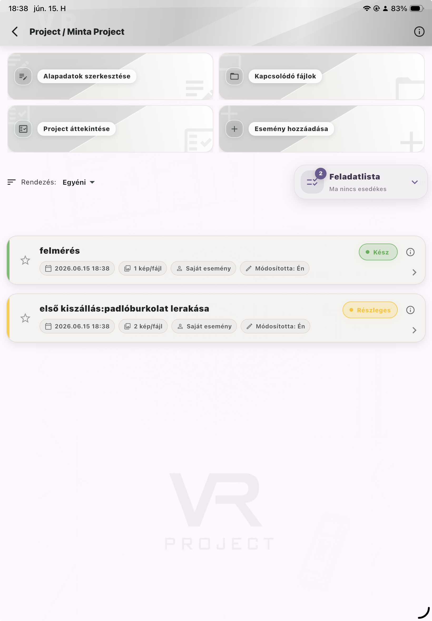 Projectek és eseménykezelés képernyő