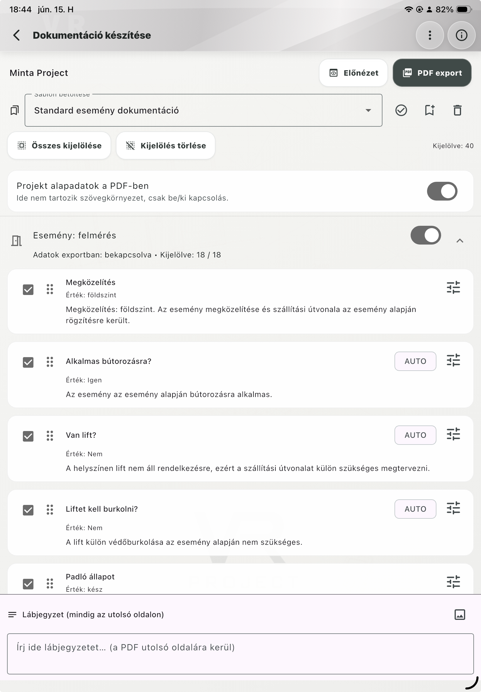 Automatikus dokumentáció és export képernyő