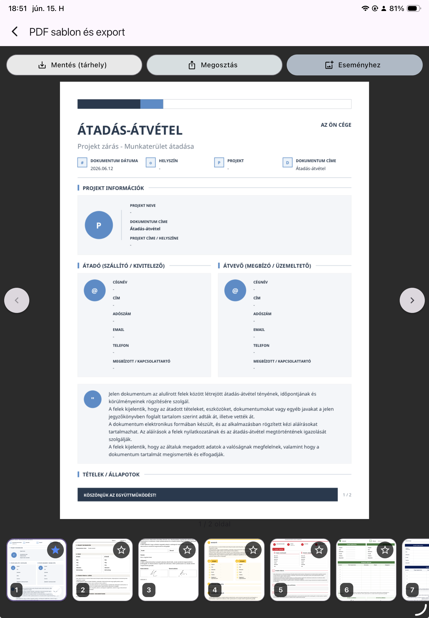 Átadás–átvétel és hibalista képernyő